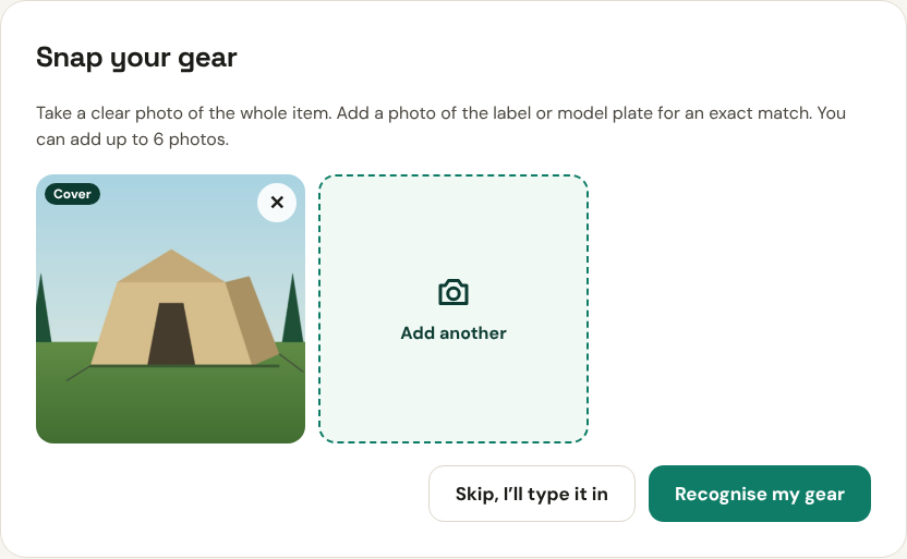 The Snap your gear step with one tent photo added and the Recognise my gear button