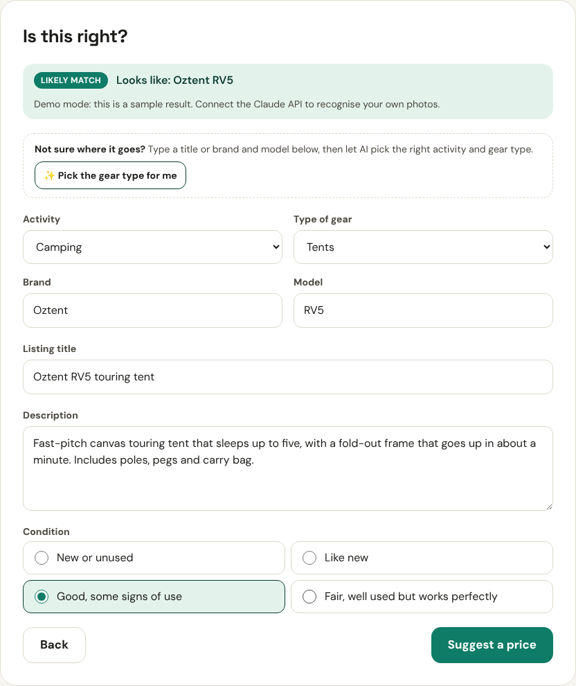The Is this right? step showing a Likely match for an Oztent RV5 with the activity, gear type, brand, model, title and description filled in