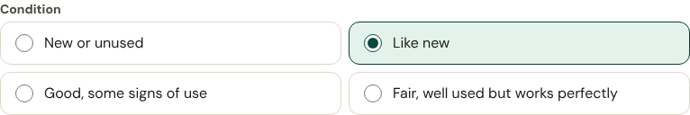 Condition choices: New or unused, Like new, Good, Fair