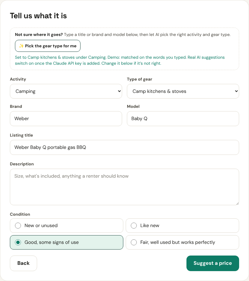 The Pick the gear type for me button after typing Weber Baby Q portable gas BBQ, with the activity and gear type chosen for it