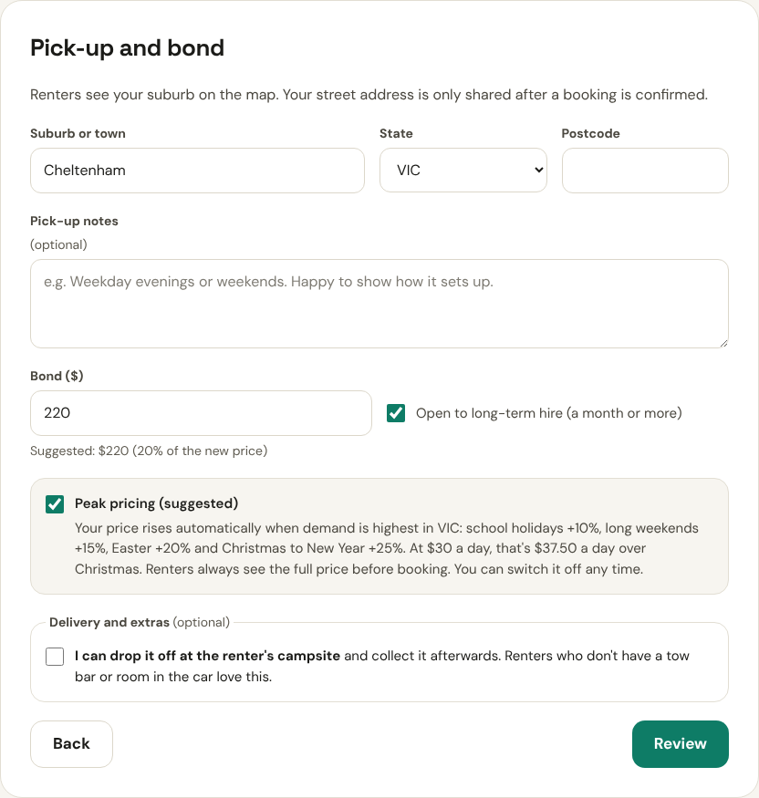 The Pick-up and bond step with suburb, suggested bond, delivery and set-up options
