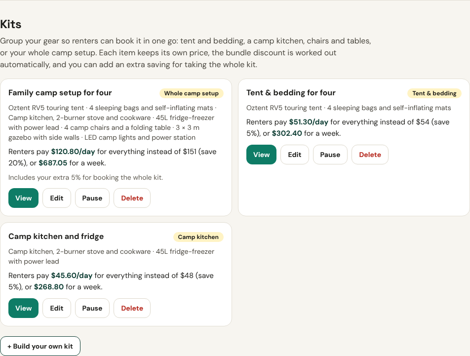 Screenshot: Find Kits in My listings