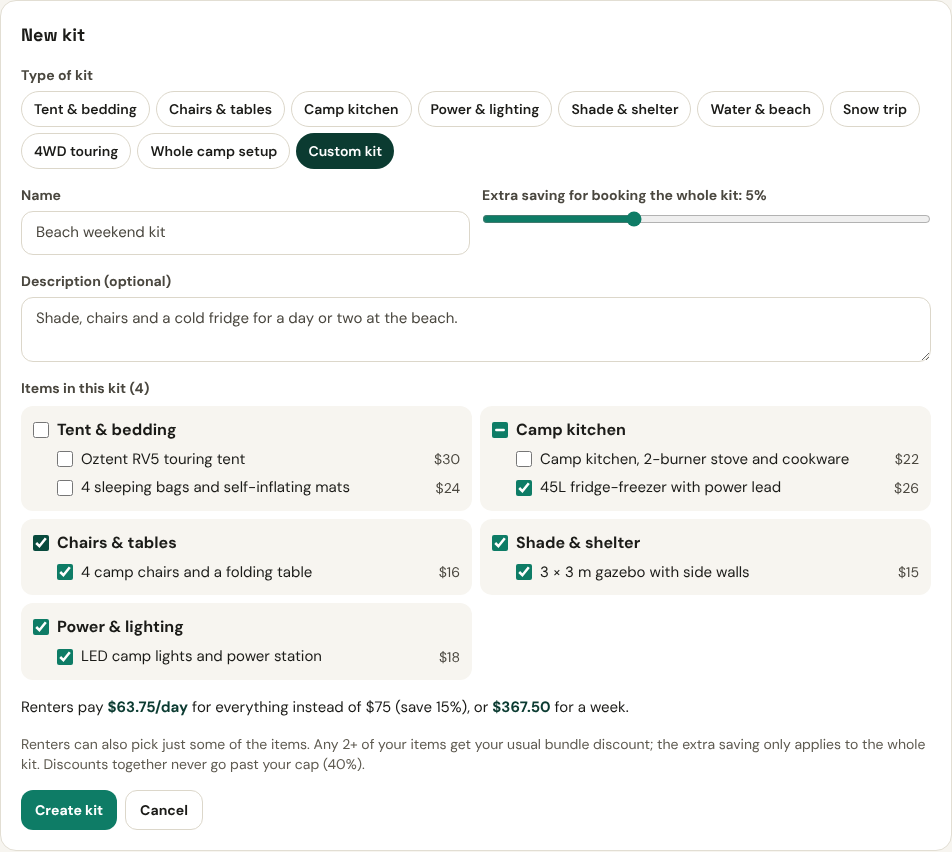 Screenshot: Build your own kit and name it